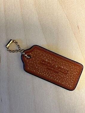 Coach Tan/Brown Leather Key Tag with Brass Ball Chain